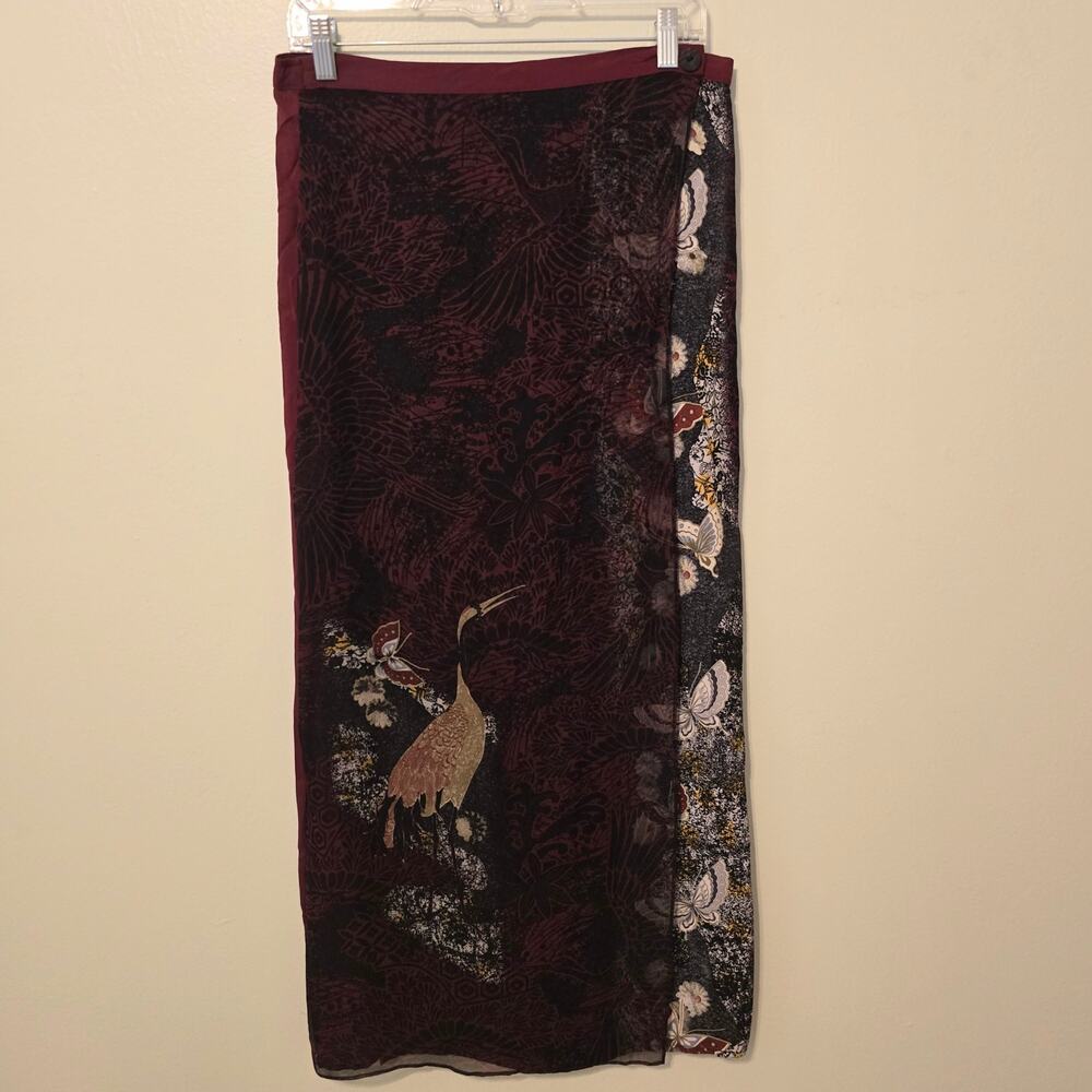 Vintage Harari 100% Silk Maxi Skirt Crane Butterfly Art To Wear
